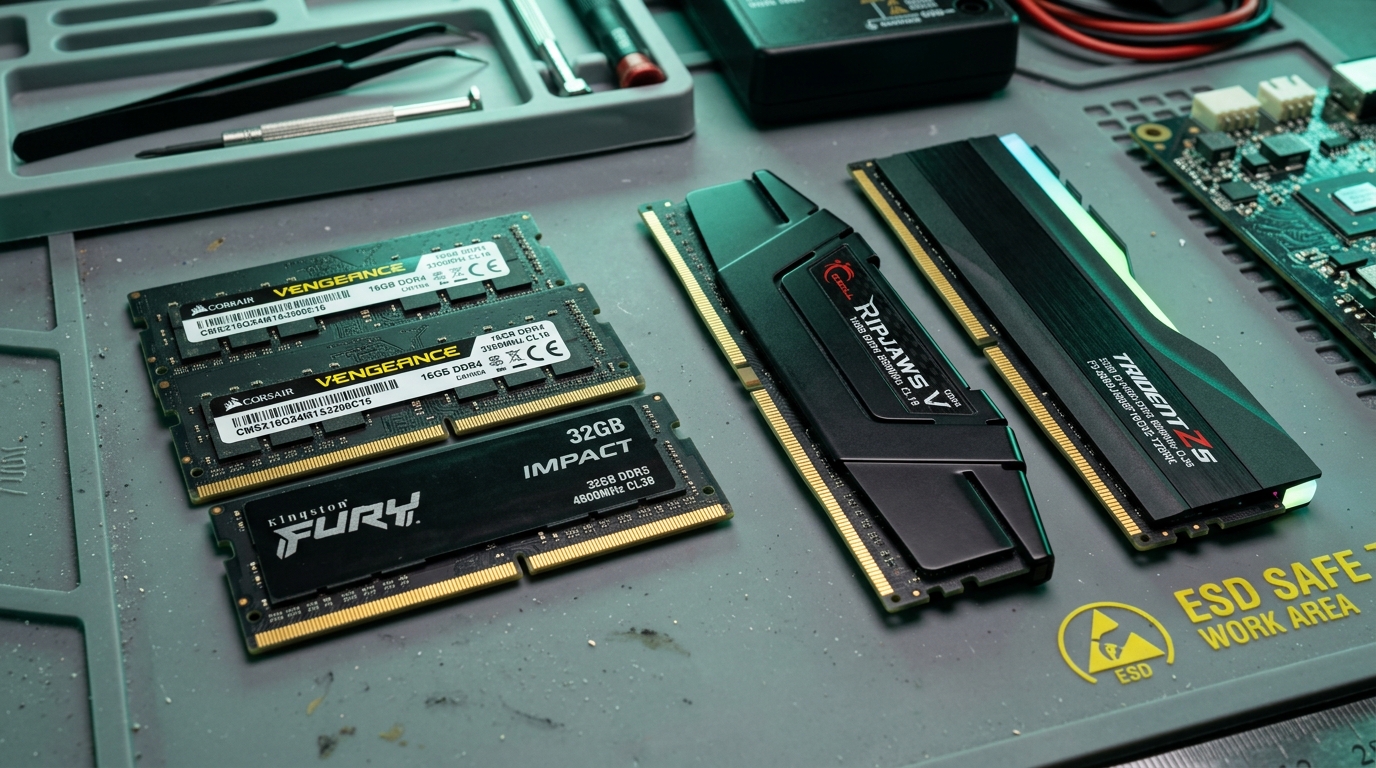 Високопроизводителни DDR4 и DDR5 RAM платки за лаптоп и настолен компютър на антистатичен сервизен стенд